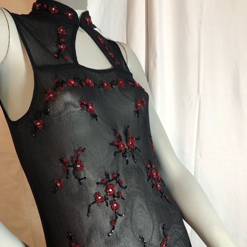 Vivienne Tam Y2K Sheer Floor Length Beaded Dress Keyhole Neck Mandarin Collar